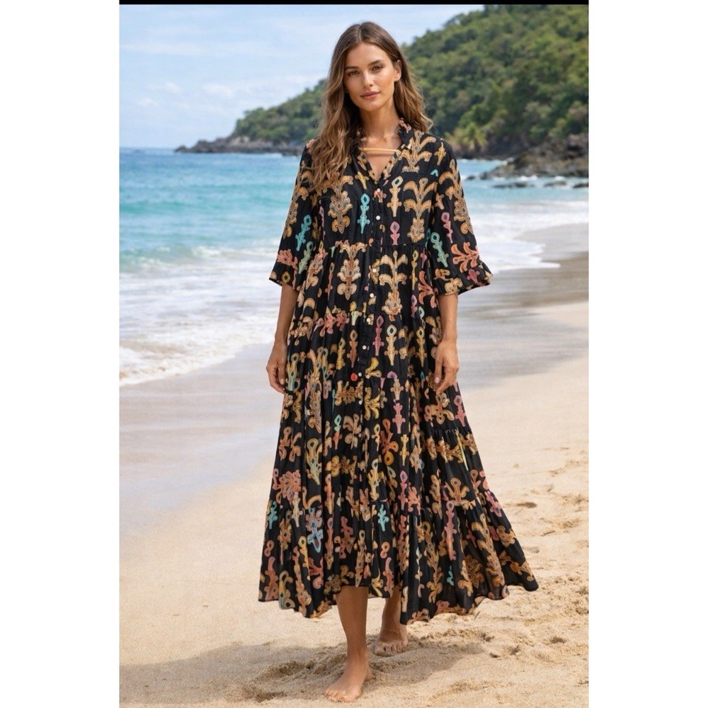 Be Boho Maxi Dress Women Small Beachy Bohemian Cottagecore Peasant Button Tiered